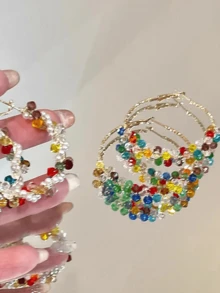 1 par de pendientes de aro con perlas envueltas en bloques de color para el verano (cuentas de color aleatorio) - Multicolor - Ver 3