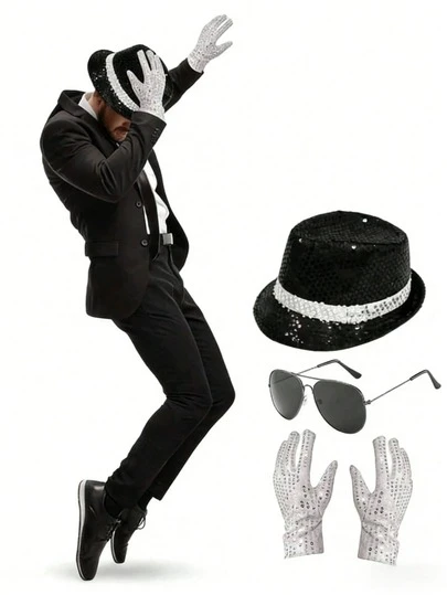 Set de 3 piezas de accesorios de disfraz de fiesta, que incluye sombrero, guantes con brillo y gafas de estilo. Adecuado para fiestas de adultos, fiestas de bodas, fiestas temáticas y festivales de música, para lograr el look de rey de la música.