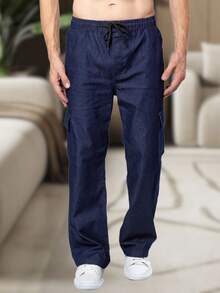 Men's Cargo Pants, Women's, 6 Pockets, Skate Style, Wide Leg, Drawstring Closure - Blue - View 2