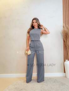 SJD MODA LADY Solid Tailored Set, Casual, Sleeveless Top And Palazzo Pants - 灰色 - 查看 5