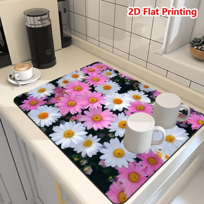 1/10 tấm lót bếp thấm hút nhanh khô họa tiết hoa cúc trắng hồng, chống trượt, che giấu vết bẩn, đồ trang trí nhà cửa mùa xuân hè, quà tặng tân gia.