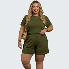 Women's Plus Size Set: Short-Sleeved, Round-Neck, Standard-Length Blouse And Mid-Thigh Shorts. Ribbed Fabric. Fits Sizes 46 To 52. Perfect For Everyday Wear And Cool. - Green - View 7