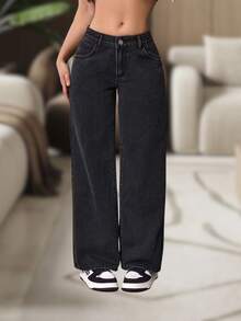 Women's High-Waisted Wide-Leg Plain Denim Jeans - 11.11 - Black - - 黑色 - 查看 1
