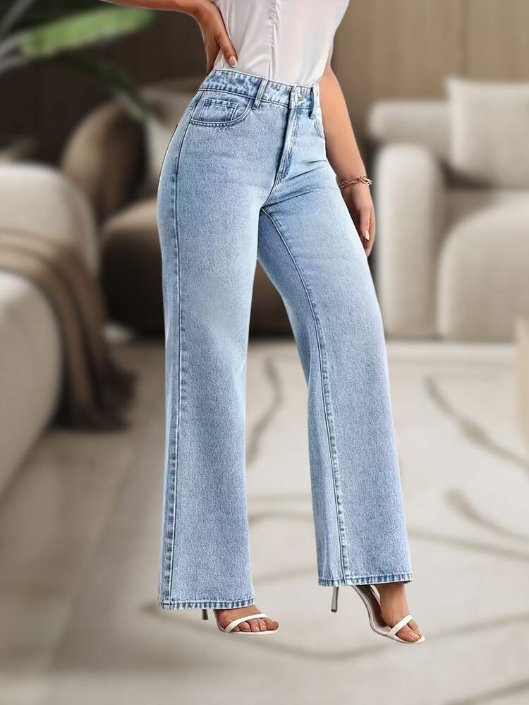 CALÇA JEANS FEMININA CINTURA ALTA PANTALONA WIDE LEG LISA DENIM PREMIUM-11.11 Promoção Cor Preto - Azul claro lavado - Visão 4