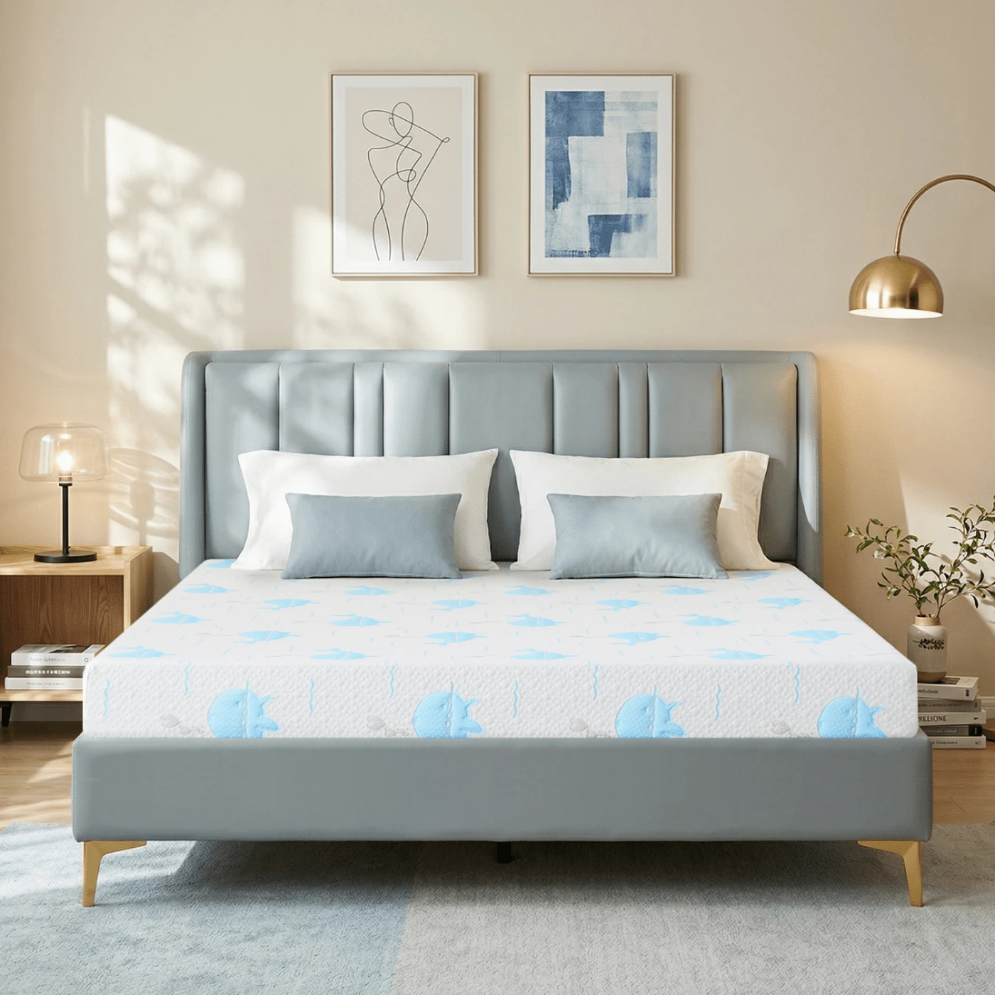 5" 6" Gel Memory Foam Mattress With Breathable Removable Washable Cover,Mattresses In A Box, Medium Firm Mattresses For Pressure Relief & Cool Night Sleep - Xanh và trắng - Xem 1