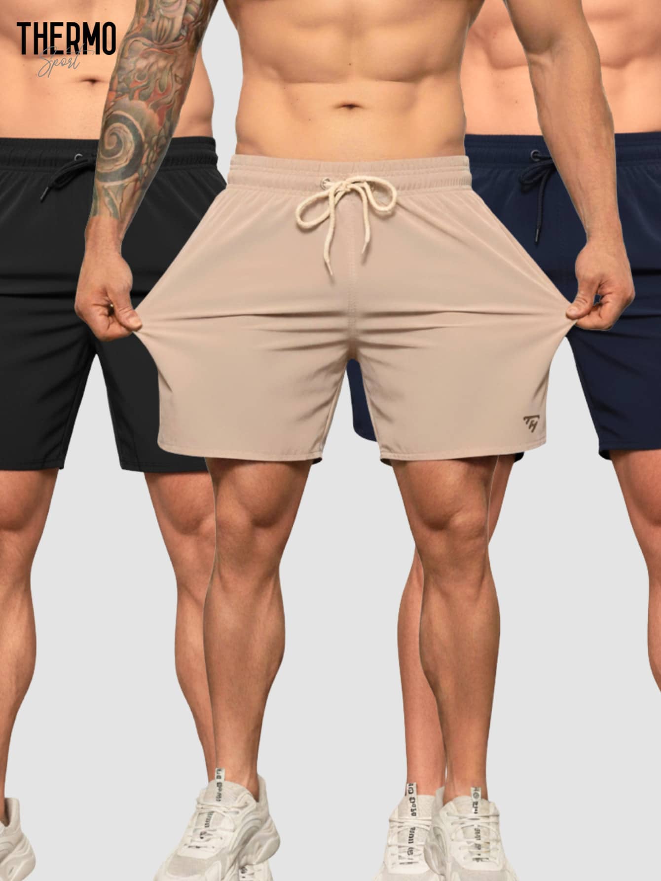Kit 3 Shorts Elastane Mauricinho Beach Men's With Lycra Gym Running Cross Plain Basic - Black/Navy/Beige - View 1
