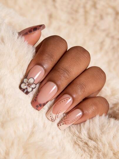 Bộ 24 móng tay giả vuông cỡ trung bình, họa tiết da báo 3D hoa văn, móng giả màu nâu nude kiểu Pháp, nghệ thuật làm móng cho công việc hàng ngày và các bữa tiệc, phù hợp cho phụ nữ và bé gái.