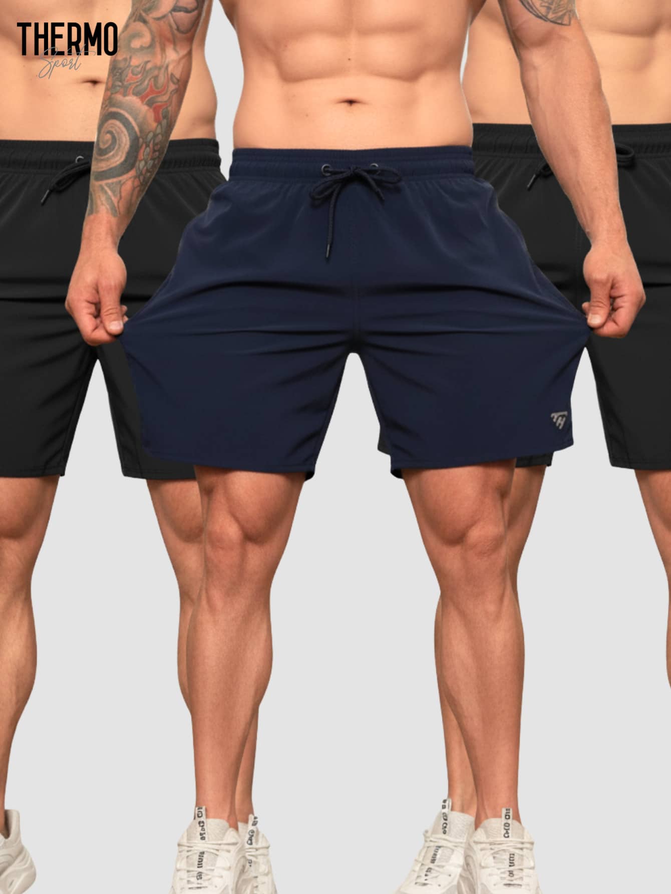 Kit 3 Shorts Elastane Mauricinho Beach Men's With Lycra Gym Running Cross Plain Basic - Đen/Đen/Xanh navy - Xem 1