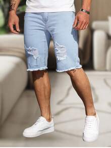 Men's Slim Fit Ripped Denim Shorts, Destroyed Style, Premium Fashion Line, Original Factory Outlet. Colors: Dark Black, Medium Black, Light Black, White, Beige, Yellow, Red - 淺色水洗藍 - 查看 3