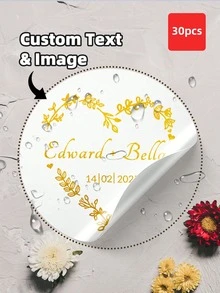 1-60 miếng dán tùy chỉnh, hình tròn, trong suốt và mạ vàng. Những nhãn dán chống thấm nước và dầu này rất phù hợp cho đám cưới, kỷ niệm và các bữa tiệc, mang đến nét cá nhân hóa với văn bản tùy chỉnh. - Nhiều màu - Xem 40