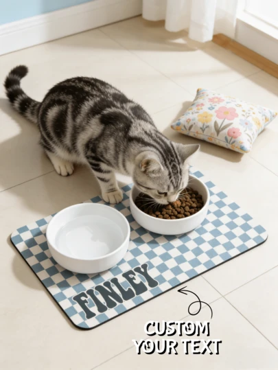 1pc Customized Vintage Plaid Pet Food Mat - Beautiful Vintage Color Scheme, Printed With Your Pet's Name; The Perfect Thanksgiving, Halloween Or Christmas Gift For Every Pet Lover