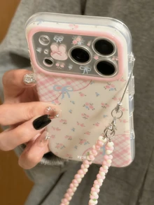 Funda de teléfono con estampado floral, lazo y cuadros, compatible con iPhone 17 Pro Max, 17 Pro, 17, 16 Pro Max, 16 Pro, 16, 15 Pro Max, 15 Pro, con correa de muñeca anti-pérdida, funda suave - Estampado floral a cuadros - Ver 4
