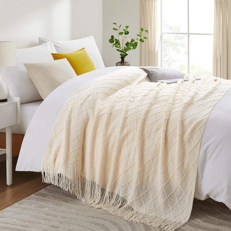 Sage Green Throw Blanket, Suitable For Sofa, Boho Home Decor, Light Blue Couch Blanket, Suitable For Sofa And Living Room - Beige - View 1