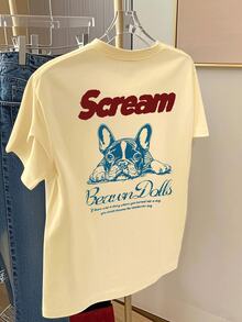 Cartoon Pattern Short Sleeve Mid-Length T-Shirt, Fashionable Casual Top For Women Summer - Apricot - View 3