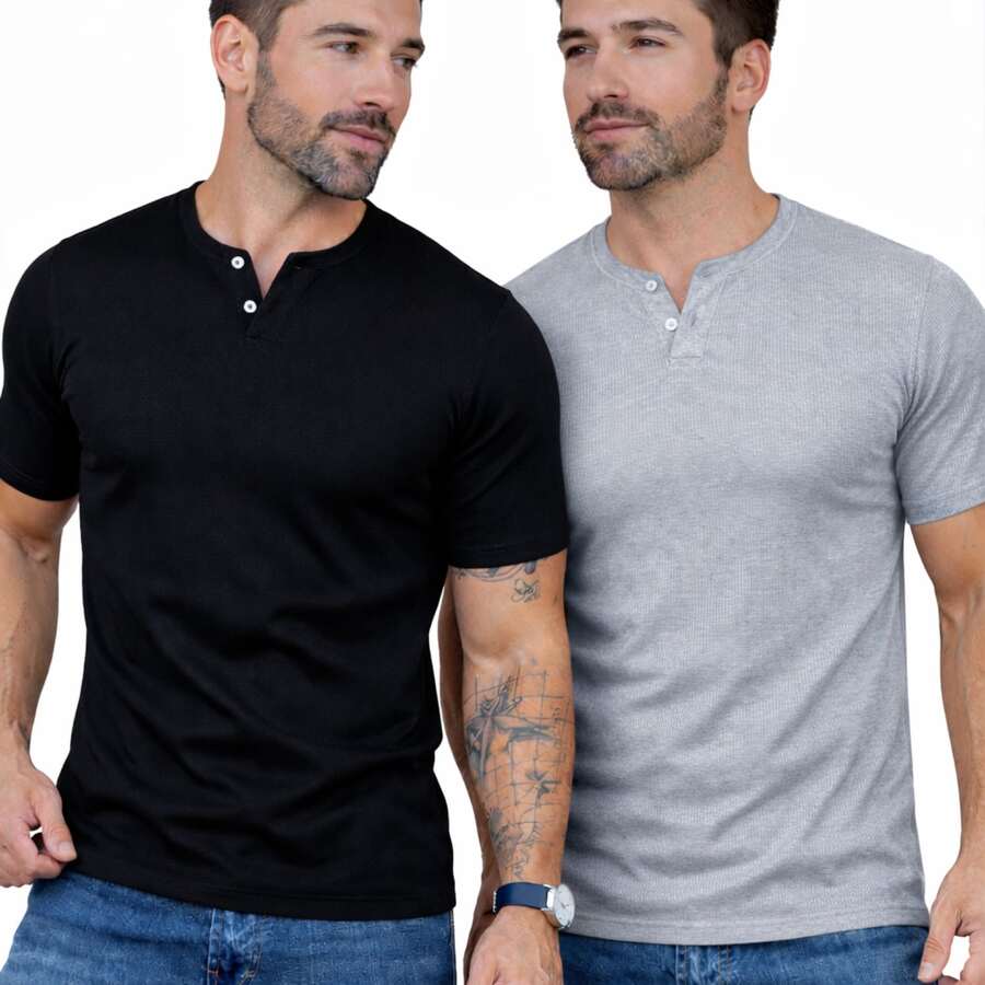 Kit Of 2 Men's Henley T-Shirts, Short Sleeve, 2 Buttons, Slim Fit, Ribbed, J Silver - Black and Gray - View 1