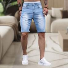 Men's Slim Fit Destroyed Denim Shorts, Summer Fashion, Premium Line, Original Factory Outlet, Colors: Dark Black, Medium Black, Light Black - 淺色水洗藍 - 查看 5