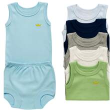 4 Piece Kit: Bodysuit + Diaper Cover, Suede, 100% Cotton, Baby Boy - Màu xanh lam - Xem 8