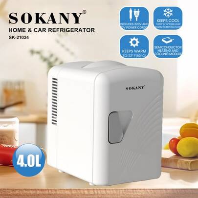 Tủ lạnh mini SOKANY 21024 dành cho ô tô, dung tích 4L, làm lạnh 5°C/làm nóng 50°C, hỗ trợ điện áp kép 12V cho ô tô và 220V cho gia đình, công tắc chuyển đổi lạnh/nóng một chạm, lý tưởng cho việc lái xe/văn phòng/nhà/ký túc xá, món quà hoàn hảo cho bạn bè.