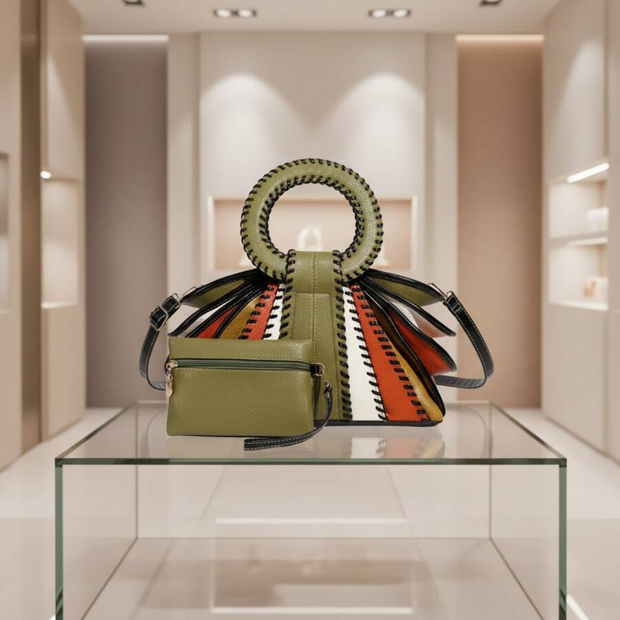 Tas Tangan Wanita Kapasitas Besar Colorblock Fashion 2026 dengan Tali Bahu dan Penutup Resleting, Desain Unik
