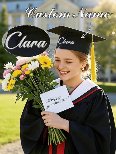 Individuell bestickte Namenstextkappe für Bachelor, Doktorhut, personalisierte Abschlusskappe, Erwachsenen-Zeremonienkappe, Quastenartiger Abschlussumhang, Abschlussfeier-Accessoires, Kleidung für Universitätsstudenten
