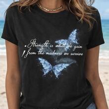 Camiseta de algodón de manga corta para mujer, cuello redondo, negra, tallas S-3XL, estampado inspirador "La fuerza es lo que ganamos de la locura a la que sobrevivimos" con diseño de mariposa azul, corte holgado informal, moda de verano, tela suave y cómoda, ideal para uso diario. - Negro - Ver 6