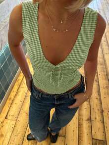 Áo hai dây nữ VIVINA mùa hè, kiểu dáng thường ngày, thoải mái, đa năng, họa tiết kẻ caro, thắt eo, xếp ly, viền bèo nhún, thích hợp cho những chuyến đi chơi cuối tuần và kỳ nghỉ ở vùng quê. - Màu xanh Bạc hà - Xem 3