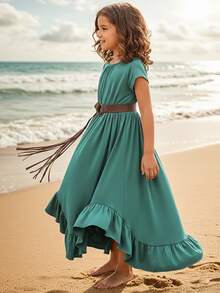 少女无袖露背不对称下摆连衣裙，适合婚礼、派对、波西米亚风度假等场合 - 青碧色 - 查看 2