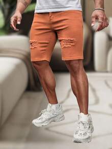 Men's Slim Fit Ripped Denim Shorts, Destroyed Style, Premium Fashion Line, Original Factory Outlet. Colors: Dark Black, Medium Black, Light Black, White, Beige, Yellow, Red - 黃色 - 查看 3