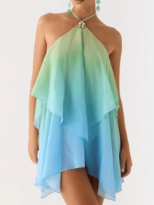 Women Mini Dress Gradient Tie-Up Halter Neck Ruffles Sleeveless Dress Summer Fashion Casual Dress - 藍色 - 查看 5