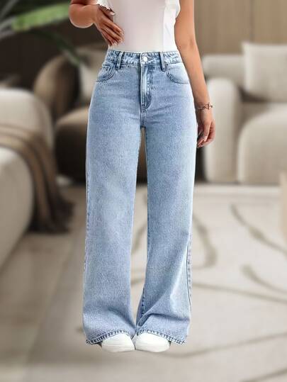 CALÇA JEANS FEMININA CINTURA ALTA PANTALONA WIDE LEG LISA DENIM PREMIUM-11.11 Promoção Cor Preto