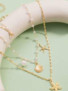 Nuevo conjunto de collar de estilo de vacaciones de ocio de la serie oceánica con colgante de estrella de mar, concha y perla, adecuado para que lo usen adolescentes - Multicolor - Ver 2