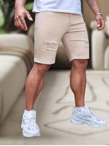 Men's Slim Fit Ripped Denim Shorts, Destroyed Style, Premium Fashion Line, Original Factory Outlet. Colors: Dark Black, Medium Black, Light Black, White, Beige, Yellow, Red - 米色 - 查看 2