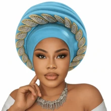 Multilayer African Turbans For Women Beret Hat Rhinestone Decor Elegant Headwrap Ladies Funny Headwear - Baby Blue - View 5