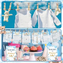 126件婴儿派对游戏用品，包含4种款式：牛皮纸、粉色蝴蝶结、蓝色小熊、婴儿派对主题，1个“妈妈的肚子有多大”标牌，50张卡片，75个派对游戏 - 查看 3