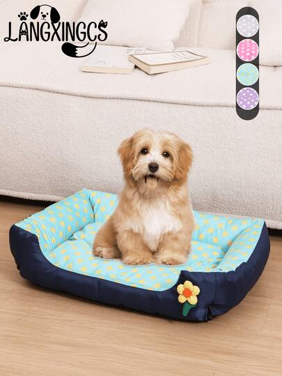  1pc LANGXINGCS Pet Bed With Backrest, Soft Plush Polka Dot Pattern Cat Bed, Lightweight Breathable Square Pet Cushion With 3D Floral Decor, Suitable For Small/Medium/Large Cats And Dogs, Vacuum Packed Bed Pad Needs 48 Hours To Recover