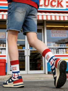 2 Pairs GOOD LUCK & FREEDOM American Retro Mid-Calf Socks, Red White Blue Color Block Plaid & Striped Couple Socks, Soft, Comfortable, Breathable And Durable, Classic And Versatile - Multicolor - View 3