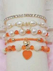 Set de 5 piezas de pulseras apilables con perlas y cristales, pulseras versátiles y de moda para mujeres - Naranja - Ver 25