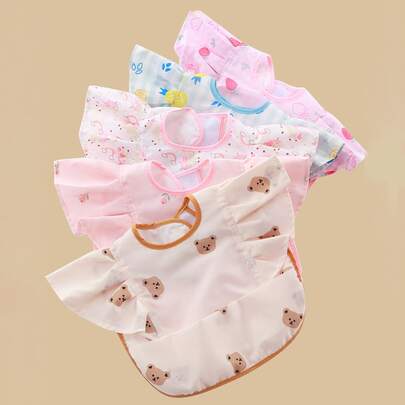 1pc Cute Butterfly Sleeve Bear Pattern Baby Bib, Waterproof Drool Bib With Lovely Print For Newborn, Anti-Spitting Feeding Bib