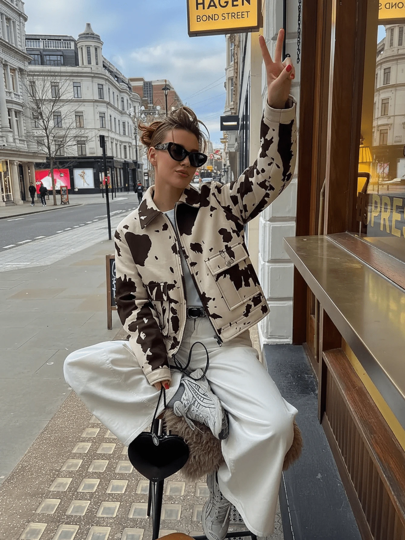 Women's Retro American Street Style Contrast Color Denim Print Loose Fit Cropped Jacket, Stylish Design Vacation Spring - Brownish White - View 1