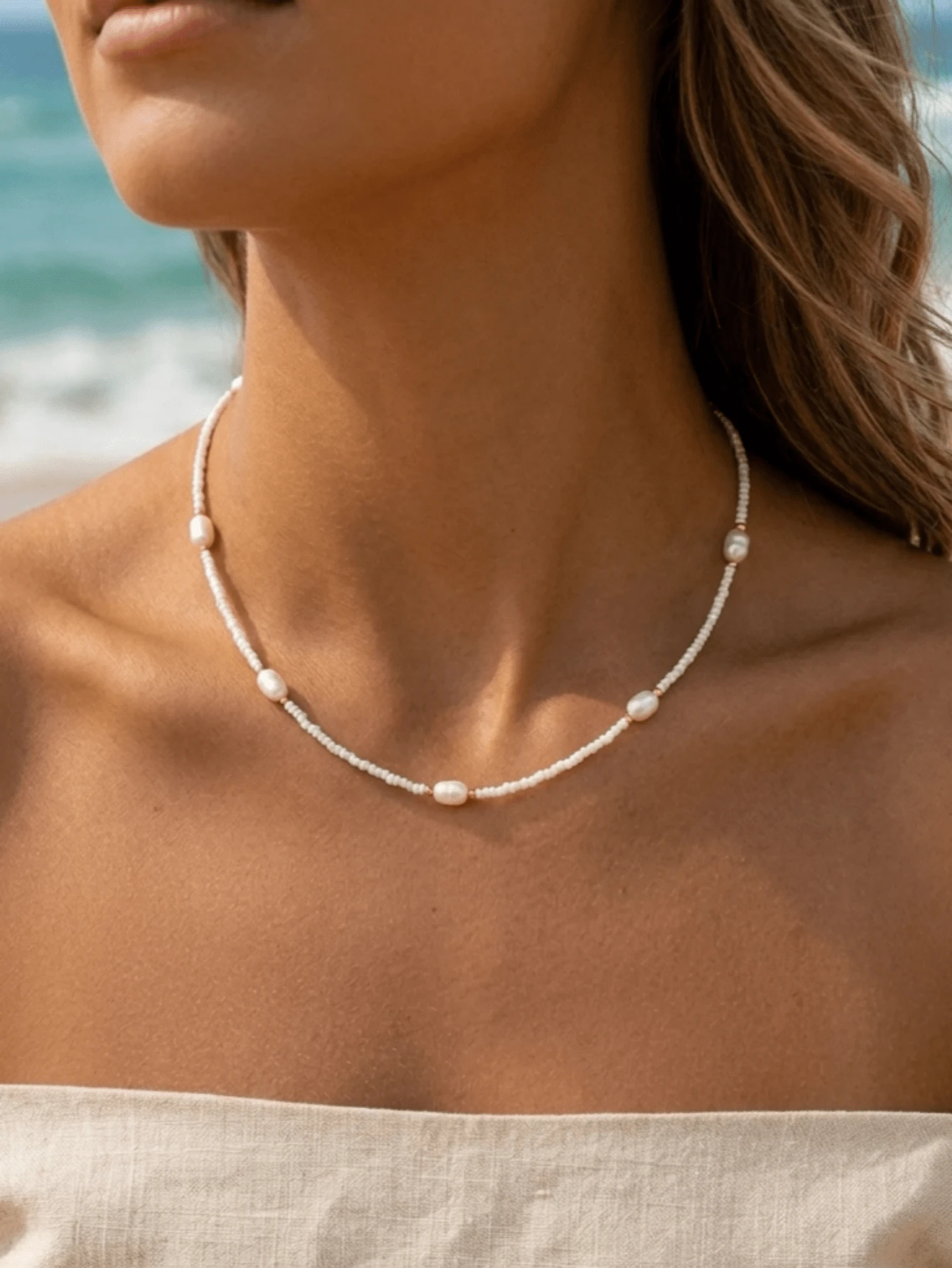1pc Women's Minimalist Pearl Decor Necklace, Bohemian Baroque Style Pearl Choker Necklace, Aesthetic Summer Vacation Jewelry Gift