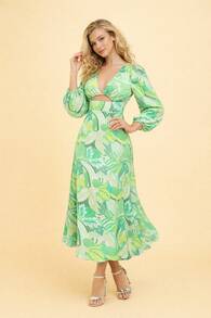 Women's Printed Maxi Dress With Deep Neckline, Underbust Cutout, Long Puff Sleeves And High Waist – Elegant Dress For Holidays, Dates, Dinner And Garden Parties - 青檸色 - 查看 10