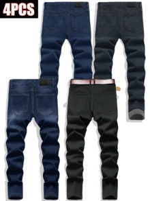 4 Pcs Men's Slim Fit Solid Color Jeans Multi-Pack | Classic Versatile All-Season Denim Trousers Bundle For Casual Wear - Blue + Black + Royal Blue + Dark Blue - View 2