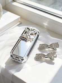 3 pezzi/Set Accessori per capelli con fiocco: include uno specchio pieghevole placcato con fiocco e un pettine, e una molletta laterale con farfalla di strass - perfetto per uso quotidiano, viaggi, fotografia, appuntamenti o regali, estate, vacanze, molletta per capelli, accessorio per capelli, mollette per capelli - Argento - Visualizzare 3