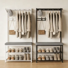 Lislark Heavy-Duty Multi-Functional Metal Shoe Rack With Coat Hanger, Shoe Storage Bench,  Freestanding Clothes Rack With 5 Hooks Suitable For Entryway, Hallway, Small Spaces - Easy To Assemble - White - View 9