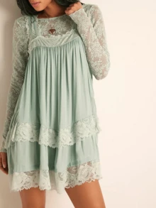 Women Tank Mini Dress Casual Summer Lace Patchwork Square Neck Party Dress For Beach Club Streetwear - 綠色 - 查看 3