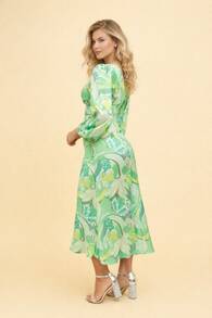 Women's Printed Maxi Dress With Deep Neckline, Underbust Cutout, Long Puff Sleeves And High Waist – Elegant Dress For Holidays, Dates, Dinner And Garden Parties - 青檸色 - 查看 7