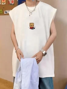 Men's Spring/Summer Heavy 220g Pure Cotton Vest, Casual Print Vest - White - View 3
