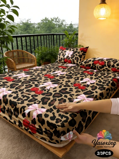 2/3pcs /Set Leopard Print Cherry & Bow Knot Pattern Fitted Sheet Set Without Filler, Fitted Sheet Set For Bedroom Brushed Microfiber Breathable Comfortable 1pc Mattress Cover With 1/2pcs Pillowcase, Bed Cover Set King Queen Full Twin Size Fitted Sheet Set For Bedroom Brushed Microfiber Breathable Comfortable Sheet Bedspread Deep Pocket Up To 11.8 Inch Breathable Wrinkle-Free Better For Sleep, Machine Washable,Playful Retro Animal Print Bedding