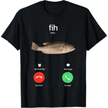 100% Cotton Fih Calling Remind Me Message Decline Accept Phone Call Fish T-Shirt For Men Soft Natural Cotton Top Streetwear Golf Gift T-Shirt For Men And Women - 黑色 - 查看 7