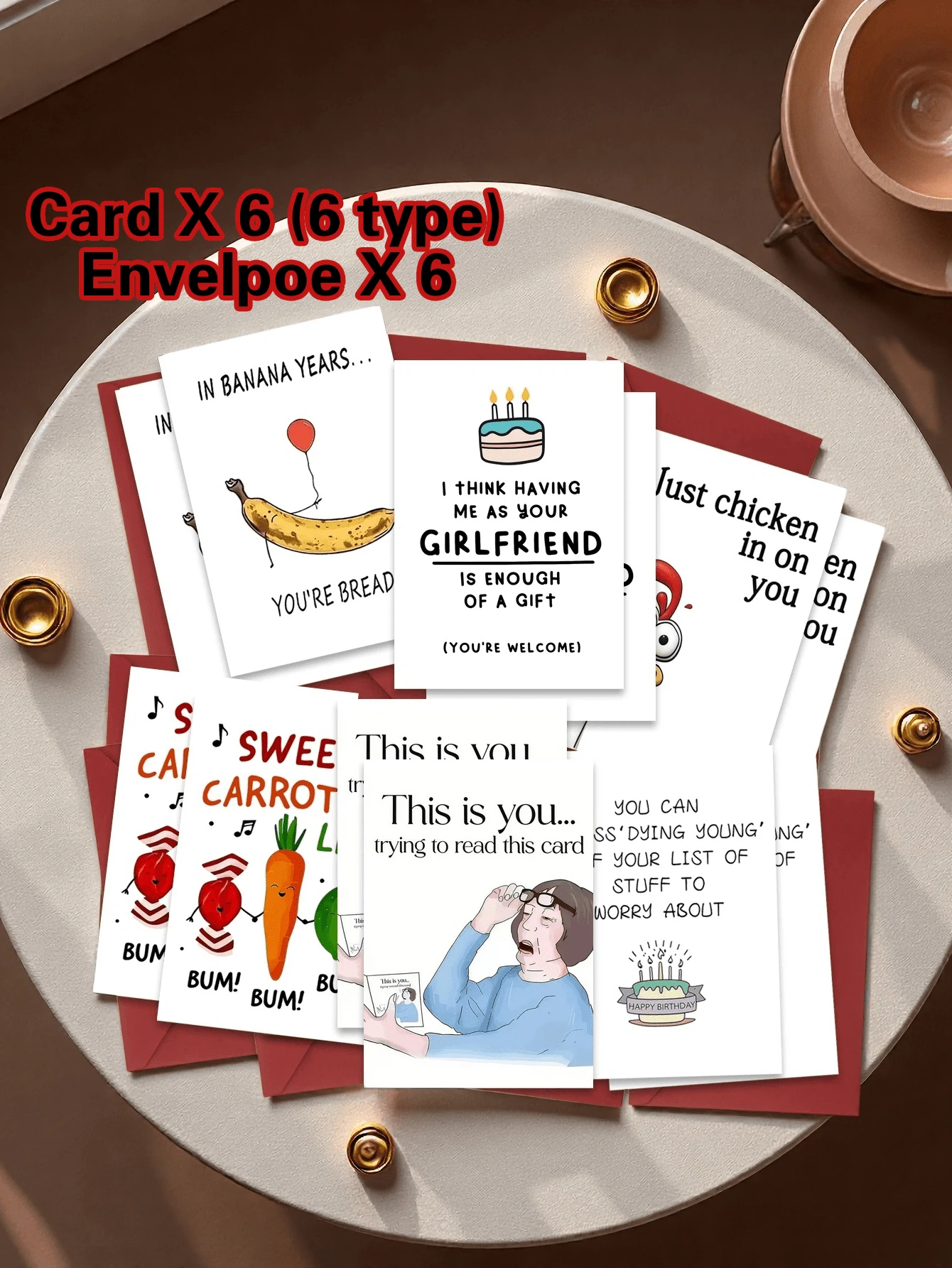 12pcs Funny Birthday Greeting Cards With Envelopes, Humorous Birthday Party Invitations, Birthday Gift Decorations, Suitable For Family, Friends, Colleagues Gatherings - Merah - View 1